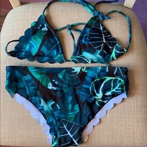 NEW Blue/Green Leaf  Scalloped Tropical Bikini Set